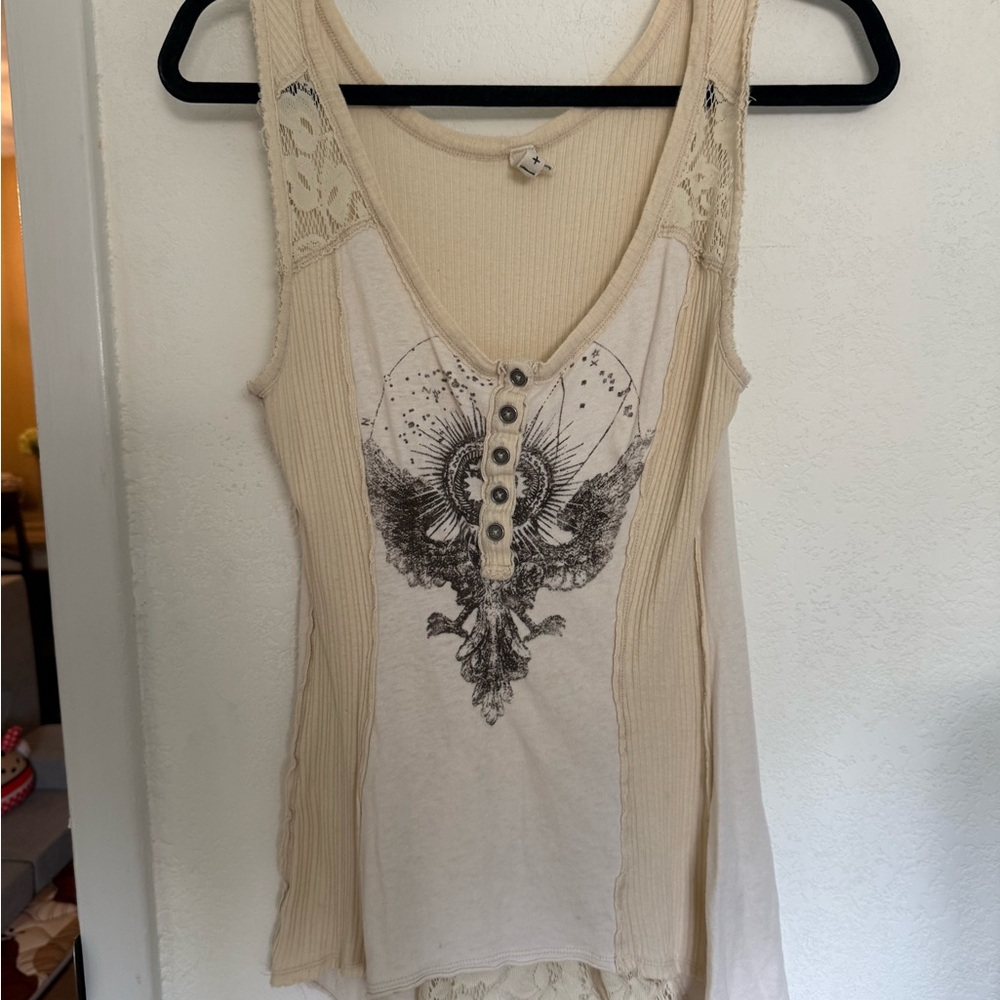 Free People Sleeveless Cream Lace-Accent Graphic Tank Top